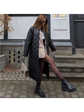 ZARA Quilted Faux Leather Black Long Coat Sz M oversized relaxed fit